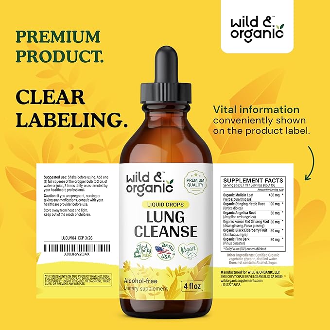Wild & Organic Lung Cleanse Tincture - Mullein Drops for Lungs - Herbal Lung Detox and Cleanse - Lung Support Supplement - Vegan, Alcohol Free Drops - 4 fl oz