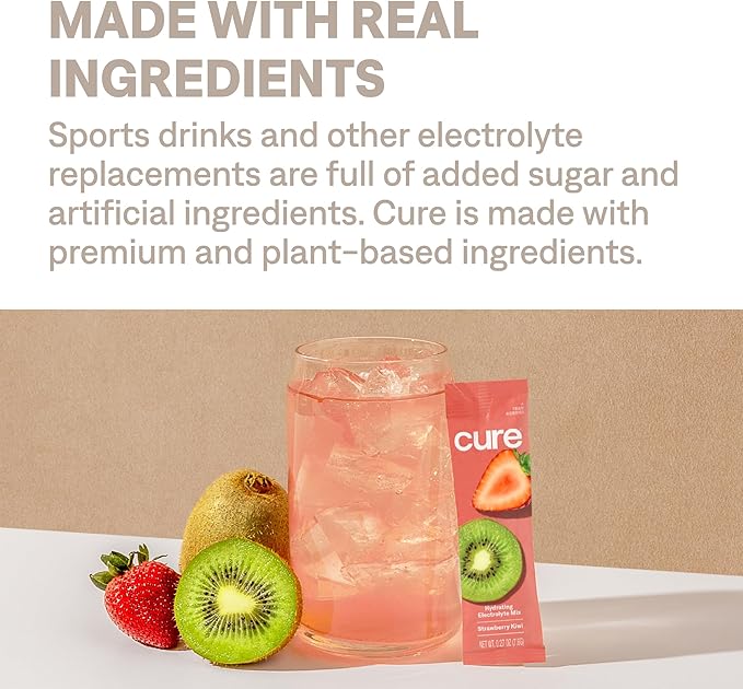 Cure Hydration | Plant-Based Electrolyte Drink Mix | No Added Sugar | Dehydration Relief Powder Made with Coconut Water | Non-GMO | Vegan | FSA & HSA | Pouch of 14 Packets - Blood Orange