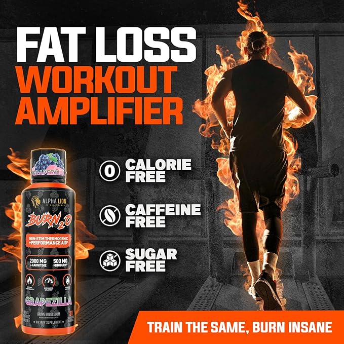 ALPHA LION Burn2O L-Carnitine Liquid 2000mg – Stim Free Super Thermogenic Fat Burner with MitoBurn® & CaloriBurn GP®, Metabolism Booster, Zero Calorie, Sugar-Free (31 Servings, Grapezilla Flavor)