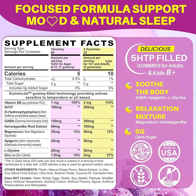 5HTP Gummies for Adults & Kids 8+, Melatonin Free Gummies with Magnesium Glycinate, GABA, L-Glycine, Ashwagandha, Vitamin B6 for Delicious Zzzs, Brain & Muscle Relaxation, 0 Sugar 60 Count (Pack of 2)
