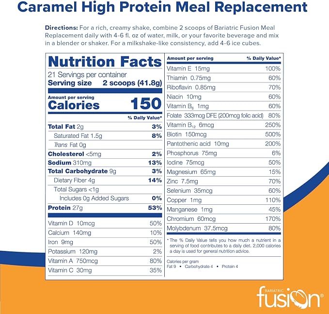 Bariatric Fusion Caramel Meal Replacement 27g Protein Powder, 21 Serving Tub for Bariatric Surgery Patients Including Gastric Bypass and Sleeve Gastrectomy - No Gluten, Aspartame or Sugar