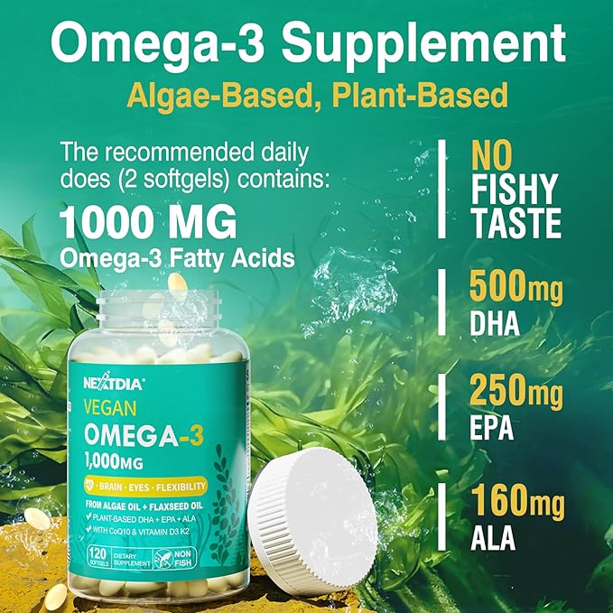 2 Pack Vegan Omega 3 D3 K2 CoQ10 Supplement, Plant Based DHA EPA ALA for Women Men, Omega 3 Organic Algae Flaxseed Oil Supplement for Bone, Brain, Eye & Immune Support, No Carrageenan, 240 Softgels