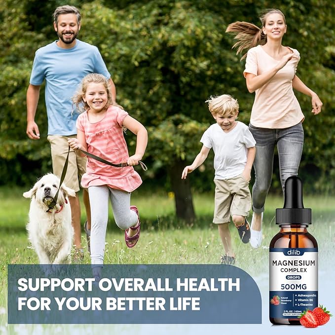 Triple Magnesium Complex Supplement-Magnesium Glycinate, Citrate, Malate Liquid Drops 500mg with Ashwagandha, L-Theanine, Vitamin B6 for Stress Relief, Sleep, Muscle Support-Strawberry Flavor
