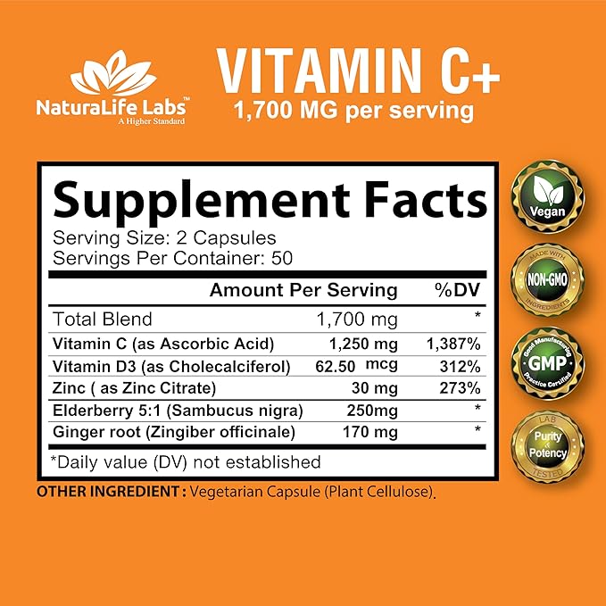 NaturaLife Labs A Higher Standard Vitamin C 1,700 MG with Vitamin D3, Zinc, Elderberry, Ginger Root - Maximum Strength Multi System Immune Support- 100 Veggie Capsules