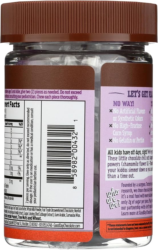 Good Day Chocolate Natural Calming Supplement for Kids, Blend of Camomile, L-Theanine, Fair Trade and Non-GMO Chocolate, 50 Pieces