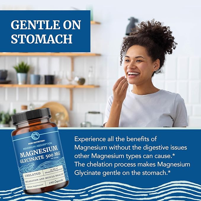 Magnesium Glycinate 500mg | Chelated for High Absorption | Muscle Relaxation, Bones, Heart, Nerve, Sleep & Calm Support for Women & Men | Magnesium Chelate Supplement & Bisglycinate Complex | 240ct