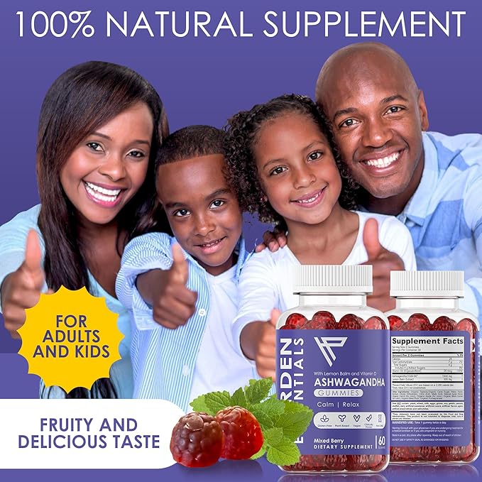 KSM-66 Ashwagandha Gummies w/Lemon Balm & Vitamin D (Max Strength 750mg per Gummy) - Herbal Vegan & Gluten Free - Calm Mood Relaxation - Support Stress - Gummies for Adults Kids Women Men (60 Count)