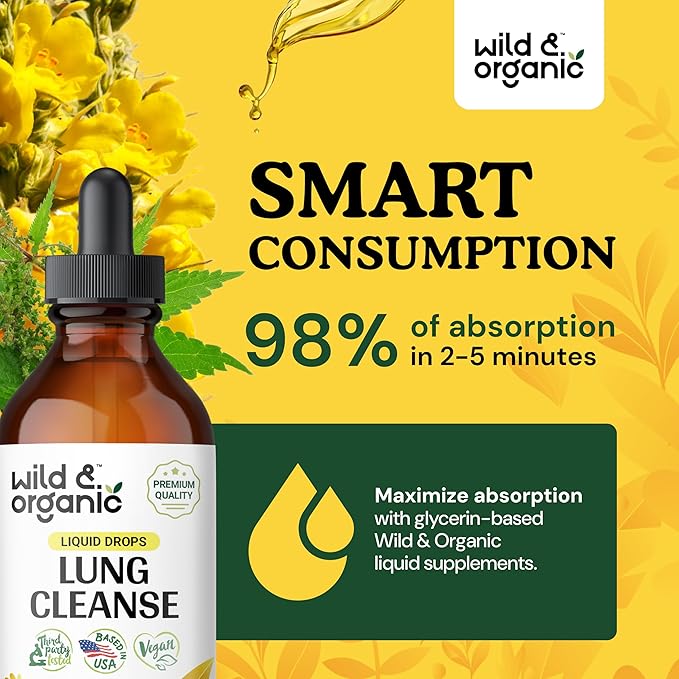 Wild & Organic Lung Cleanse Tincture - Mullein Drops for Lungs - Herbal Lung Detox and Cleanse - Lung Support Supplement - Vegan, Alcohol Free Drops - 4 fl oz