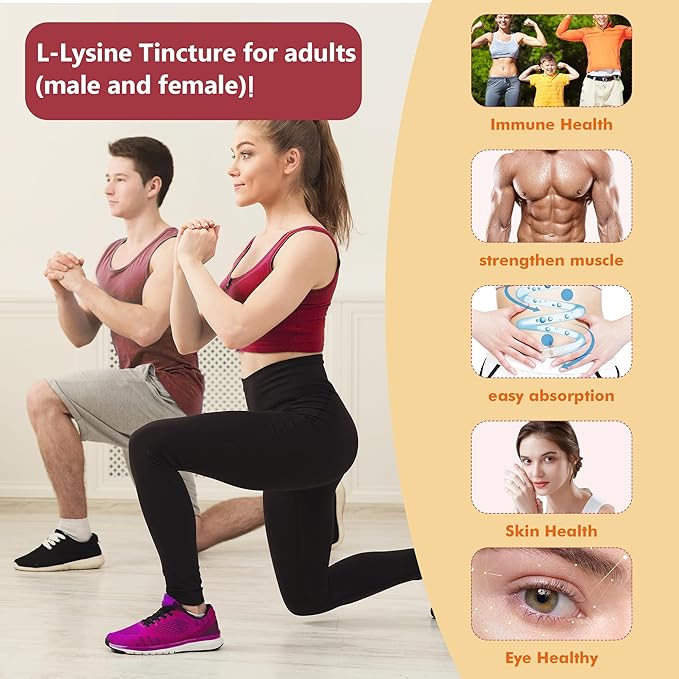 L-Lysine Supplement Liquid Drops | L-Lysine Vitamins 1000mg Tincture with Vitamin A, C, and B12 | Immune Support, Skin & Lips Health, Collagen Synthesis & Muscle Recovery | Non-GMO, Vegan,2 Fl Oz