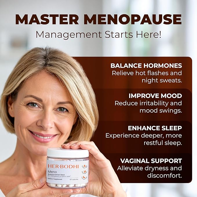 Meno- Menopause Hormonal Balance for Women, Estrogen Soy Isoflavones Menopause Supplement for Women, Ashwagandha, Black Cohosh Hot Flashes Menopause Relief, Night Sweats Relief 60Caps