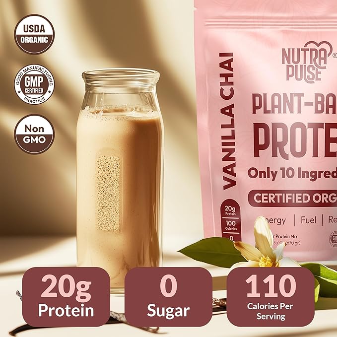 Organic Vegan Protein Powder – Vanilla Chai Flavor, Plant-Based, Gluten-Free, Non-GMO, Soy-Free, 20g Protein Per Serving, Ideal for Smoothies, Shakes, Baking, Cooking (1 Pack, 20 Servings)