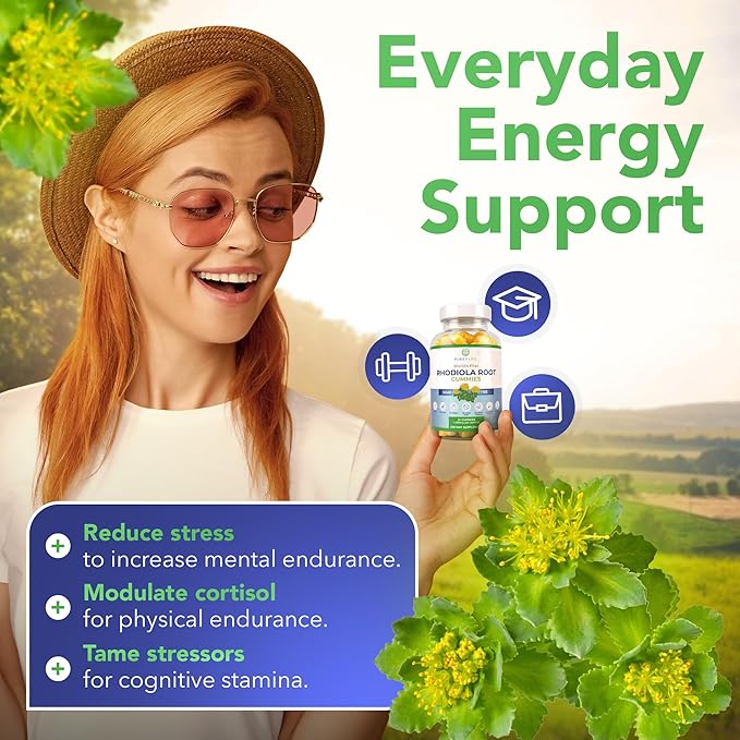 Sugar-Free Rhodiola Rosea Gummies (1500mg/Serving) Adaptogenic Rhodiola Rosea Supplement & Cortisol Blocker for Performance, Stamina, Mood & Motivation - Non-GMO, 60 Vegan Chews, No Capsules or Pills