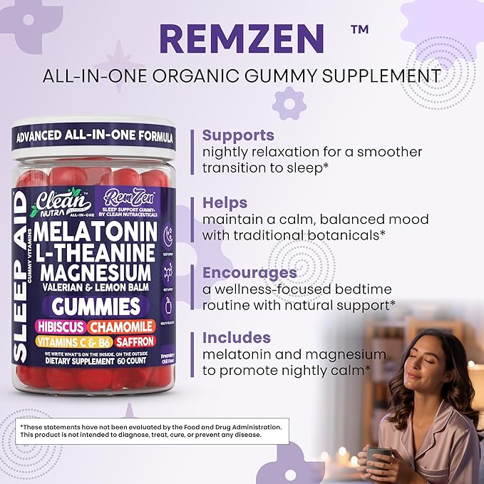 Clean Nutra Melatonin Gummies L Theanine Magnesium Valerian Root Lemon Balm Chamomile Vitamin C Gummy Saffron Sleep Aid Calm Vitamin B6 Stress Relief Hibiscus Relax Mood Happy Supplement Men Women