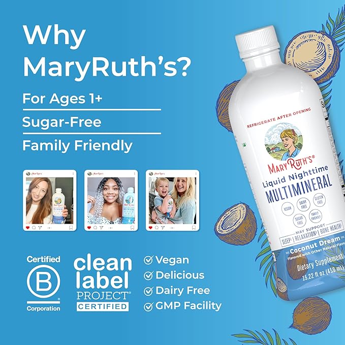 MaryRuth's Liquid Nighttime Multimineral | Sugar Free | Calm Magnesium Citrate | NO Melatonin | Calcium Magnesium Zinc | Muscle Relaxation | Available in 4 Flavors | Vegan | Gluten Free | 15 Servings