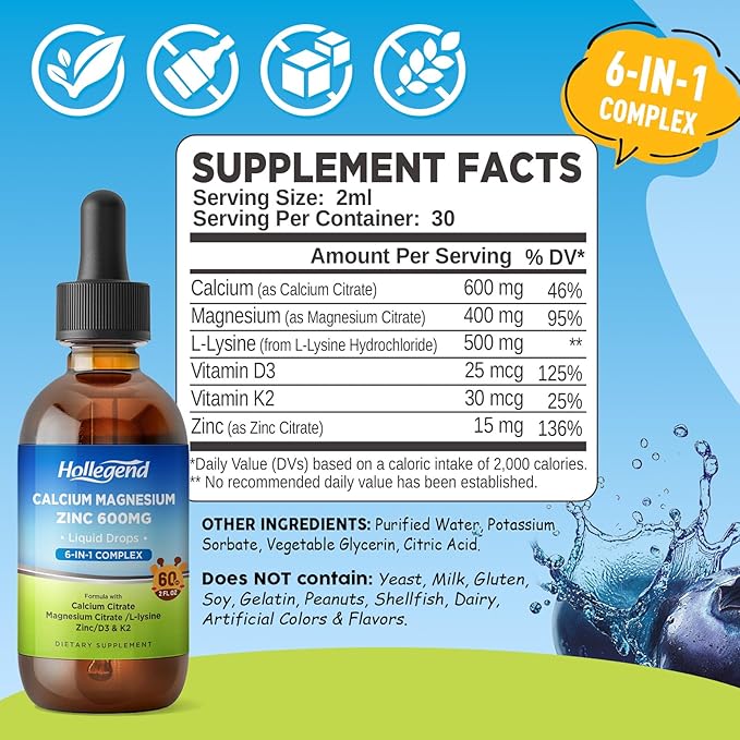 Liquid Calcium Citrate Drops with L-Lysine 500mg, Magnesium & Zinc, Calcium Citrate 600mg Supplement with Vitamin D3 & K2 for Kids & Adults, 2 Fl Oz