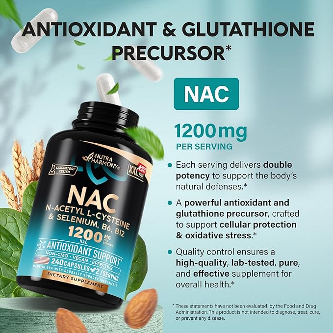 NAC Supplement | Selenium | B6 | B12 - Antioxidant, Immune Support - N Acetyl Cysteine 600 mg per Capsule, 1200 mg per Serving - Made in USA - Non-GMO, Gluten-Free, Vegan - 240 Caps, 4 Month Supply