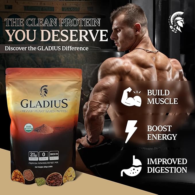 GLADIUS Organic Plant Based Protein Powder | Chocolate | 15 Servings | 21g of Protein | Plant Based | No Sugars Added | Rich in Probiotics