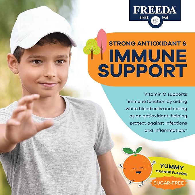 FREEDA Vitamin C Kids Vitamin C Gummies - Kids Sugar Free VIT C Gummy Chewable for Adults, Teens & Children - Certified Kosher, Delicious Orange Flavor, Zero Sugar Immune Support Supplement (60 Ct)