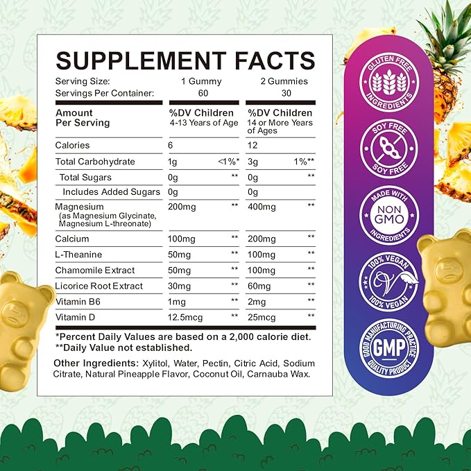 Kids Magnesium Gummies, Magnesium Glycinate, L-Threonate Gummies for Kids & Adults with L-Theanine, Chamomile, Licorice, Vitamin D, B6 for Sleep, Relaxation, Brain & Muscle, Sugar Free Pineapple 60ct