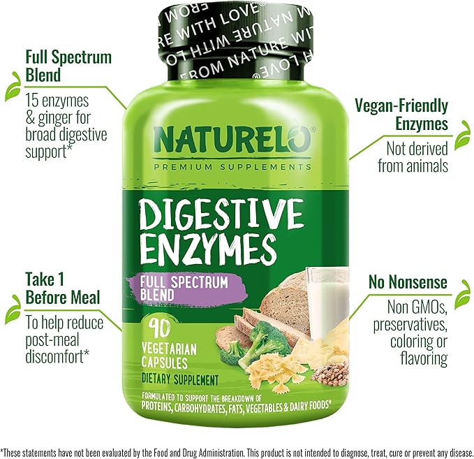 NATURELO Digestive Enzymes - Full Spectrum Support with a Broad Blend of 15 Enzymes Plus Ginger - 180 Vegan Capsules