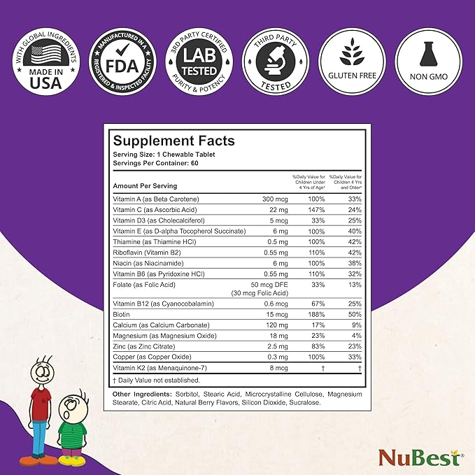 NuBest Bundle Vanilla Plant-Based Protein 10 Serving Tall Kids 60 Chewable Tablets - Multivitamin, Calcium, Probiotic, Omega 3-6-9 and More