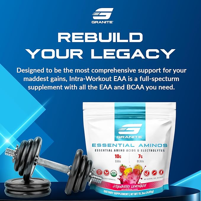 Granite Essential Amino Acids Powder for Muscle Recovery and Growth with 10g EAAs and 7g BCAAs - Soy-Free, Gluten-Free, 448g (30 Servings), Strawberry Lemonade