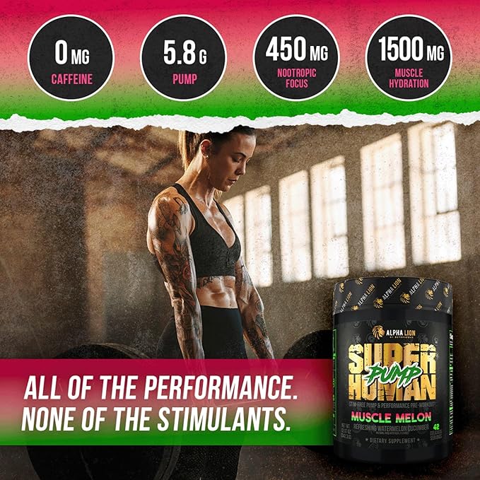 ALPHA LION Superhuman Pump Pre Workout Powder, Caffeine Free & Stim Free Preworkout Supplement, Nitric Oxide Booster, Muscle Gainer, Energy & Focus (42 Servings, Muscle Melon Flavor)
