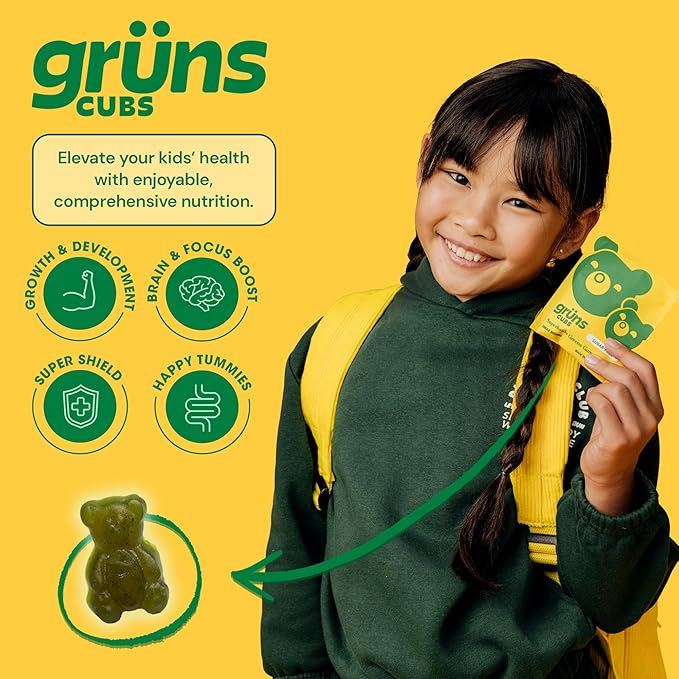 Gruns Kids Vitamins, Super Greens Gummies, Sugar-Free Superfood Gummy Bears With Spirulina, Chlorella, Prebiotics Fiber for Digestive Health, Adaptogens Supplement, 20 Vitamins & Minerals, 28 day Pack