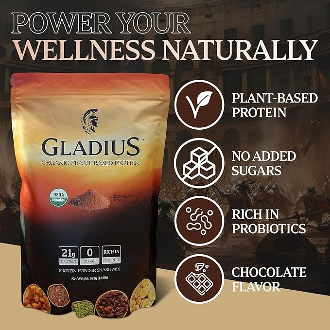 GLADIUS Organic Plant Based Protein Powder | Chocolate | 15 Servings | 21g of Protein | Plant Based | No Sugars Added | Rich in Probiotics