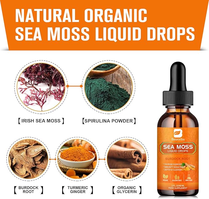 Sea Moss Liquid Drops - Organic Irish Sea Moss Raw Gel with Burdock Root, Tumeric, Spirulina, Seamoss Gel Supplement for Immune, Joint, Digestive Support - 2 Fl Oz, Vegan
