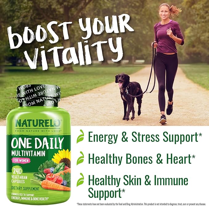 NATURELO One Daily Multivitamin for Women - Energy Support - Whole Food Supplement to Nourish Hair, Skin, Nails - Non-GMO - No Soy - Gluten Free - 240 Capsules | 8 Month Supply