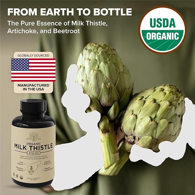 Organic Milk Thistle Supplement 80% Silymarin – 250 mg with Beet Root & Artichoke Leaf Extract – Herbal Formula for Liver and Digestive Support, 120 Capsules
