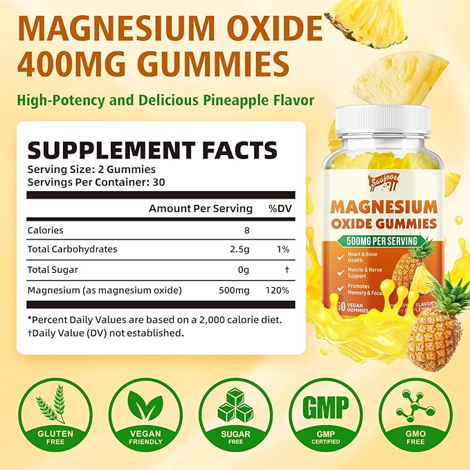 2 Pack Magnesium Oxide 500mg Gummies for Adults & Kids, Supports Nerve Muscle & Bone Health, Vegan Non-GMO Dietary Supplement with Pineapple Flavor, 120 Gummies