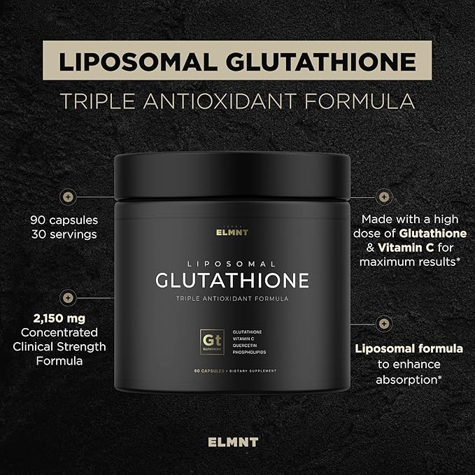 ELMNT 2150mg Super Antioxidant Liposomal Glutathione Supplement w. Vitamin C, Quercetin & Reduced L Glutathione 1000mg - Proven Complex for Best Absorption, Detox, Skin Glow + Immune - 90 Pills