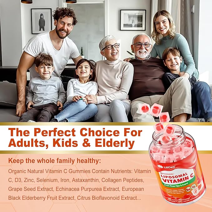 Liposomal Vitamin C 1000mg Filled Gummies for Adults & Kids 9+, 1660mg Blend w/ Echinacea, Elderberry, D3, Zinc, Iron, Bioflavonoid,Astaxanthin - Natural Organic Chewable Vitamin C Gummies, Sugar Free