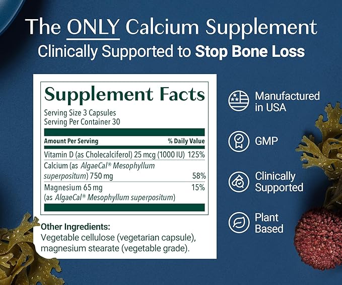 ALGAECAL - Plant Based Calcium Supplement with 13 Bone Supporting Minerals + Vitamin D3 (1000 IU) clinically Shown to Stop Bone Loss. Organic Calcium (750 mg), 90 Veggie Caps, 3 Month Supply