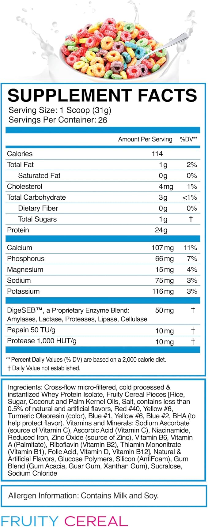 eFlow Nutrition 100% Whey Protein Isolate - Gluten & Lactose-Free Digestive Enzymes Added, Low Carb, Post Workout Shake, Fast Digesting for Optimal Muscle Recovery - Fruity Cereal (26 Servings)