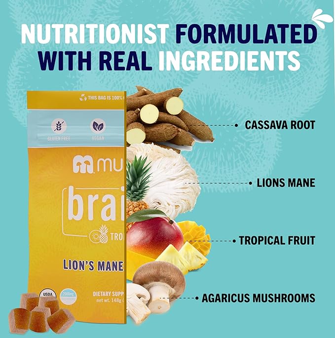 Mushie 100% Organic Lion’s Mane Mushroom Gummies for Adults & Kids Focus - 2000mg Lions Mane Nootropic for Brain, Cognitive, Memory & Immune Support - Vegan, Gluten-Free - 60 Count