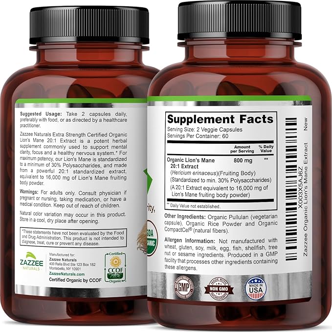 Zazzee USDA Organic Lion's Mane 20:1 Extract, 16,000 mg Strength, 30% Polysaccharides, 120 Vegan Capsules, 60 Day Supply, Standardized and Concentrated 20X Extract, All-Natural and Non-GMO