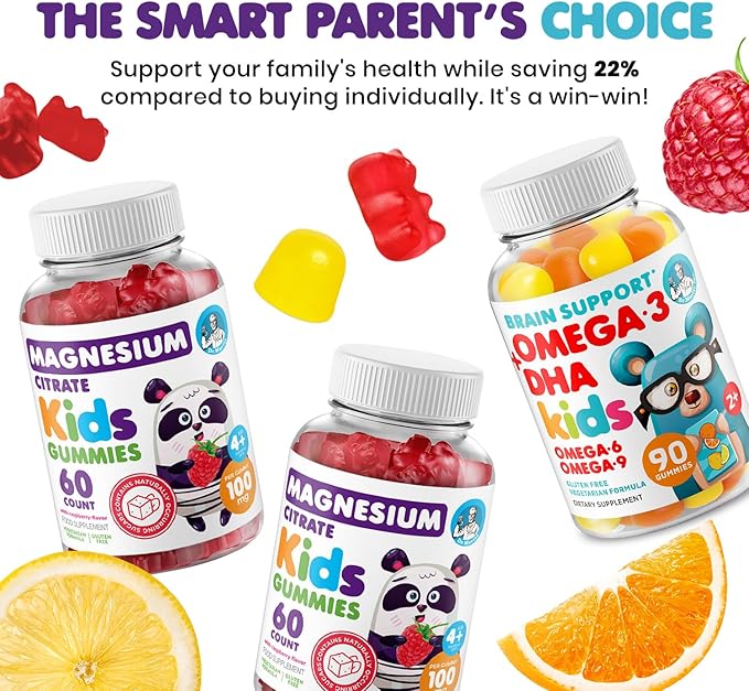 DR. MORITZ Calm Magnesium Gummies for Kids (60 Count, 2 Pack) and Kids Omega 3 Gummies (90 Count) Bundle - Low Sugar, Vegetarian, No Fish Oil