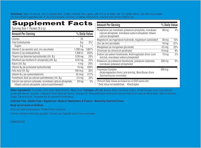 Emergen-C Immune+ Triple Action Immune Support Powder, BetaVia (R), 1000mg Vitamin C, B Vitamins, Vitamin D and Antioxidants, Super Orange – 50 Count