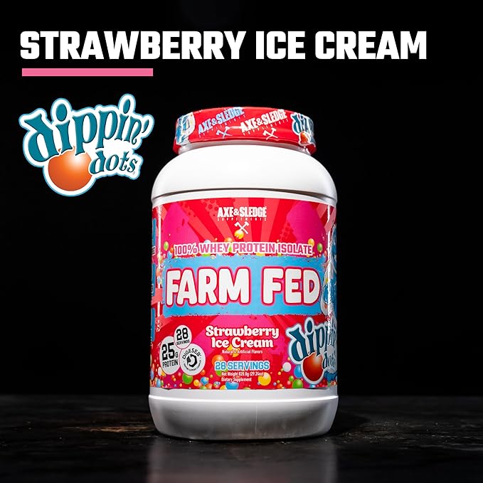 Axe & Sledge Supplements Farm Fed Grass-Fed Whey Protein Isolate, Digestive Enzymes (Dippin Dots Strawberry Ice Cream V2)