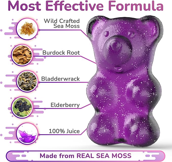 Sea Moss Elderberry Gummies with Magnesium, Burdock Root and Bladderwrack - Immune Support for Kids and Adults 60pcs - Bag Pack of 1