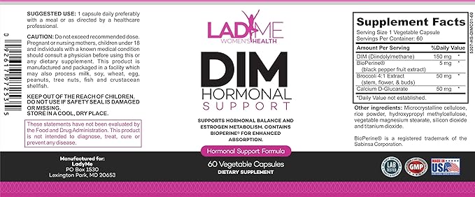 DIM Complex 150mg Hormonal Support Menopause Relief Supplement for Hot Flashes & Hormonal Acne Relief Bioperine, Broccoli & Calcium Estrogen Metabolism Balancing Pills for Women 60 Capsules by LadyMe
