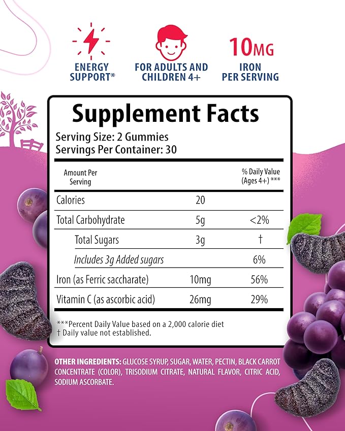 SUNNY SAM Iron Gummies for Kids & Adults - Iron Vitamins with Vitamin C, 10mg per Serving - Chewable Fruit Gummy for Immune Support Red Blood Cell Production