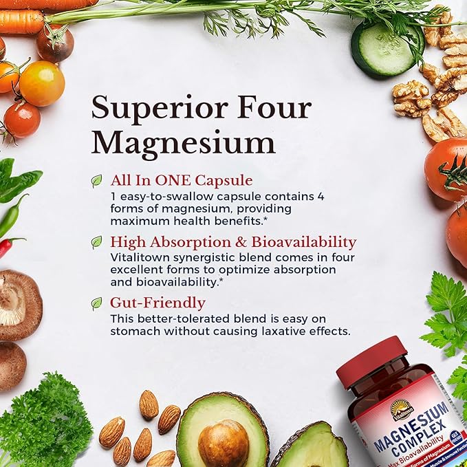 Vitalitown Magnesium Complex Supplement 500mg - Maximized Absorption Chelated Magnesium Glycinate, Malate, Taurate & Citrate - Vegan Non-GMO Magnesium 120 Capsules for Sleep, Muscle, Energy & Heart
