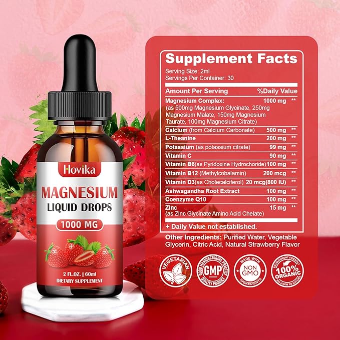 Magnesium Glycinate Liquid Drop with Citrate, Malate and Taurate, Calm Magnesium Supplement with Calcium, Potassium, Zinc, CoQ10, D3, B6, B12 for Relax Mood, Muscle, Energy- Strawberry Flavor, 2 Fl Oz