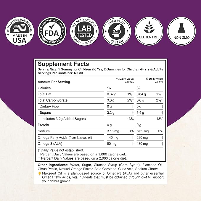 NuBest Omega 3 Gummies for Kids & Teens with Flaxseed Oil | Supports Brain Growth, Mental Clarity, Focus, and Eye Health | No Added Sugar | Delicious Orange Flavor | 60 Premium Vegan Gummies