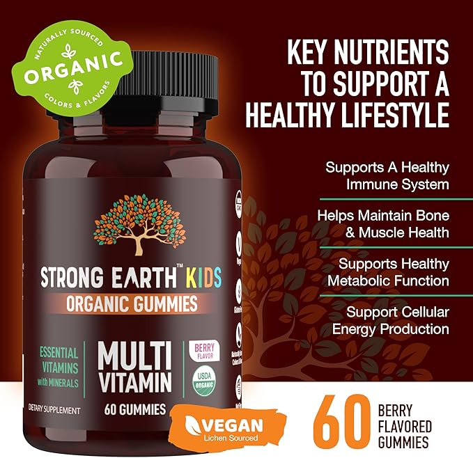 YUM-V'S Strong Earth Organic Multivitamin Gummies, Vitamins & Minerals Including Vitamin A, C, D3, E, B6 & Zinc - Chewable Vitamin with Immune Support for Boys and Girls, 60 Count