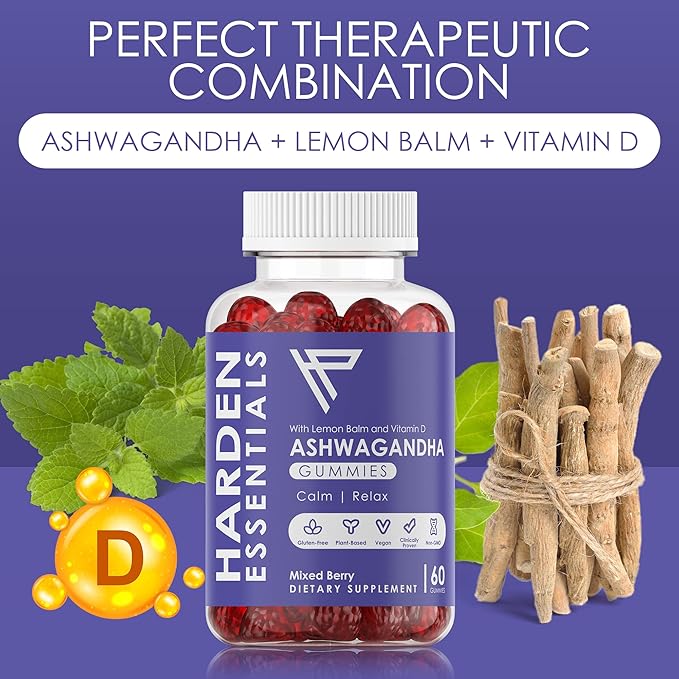 KSM-66 Ashwagandha Gummies w/Lemon Balm & Vitamin D (Max Strength 750mg per Gummy) - Herbal Vegan & Gluten Free - Calm Mood Relaxation - Support Stress - Gummies for Adults Kids Women Men (60 Count)